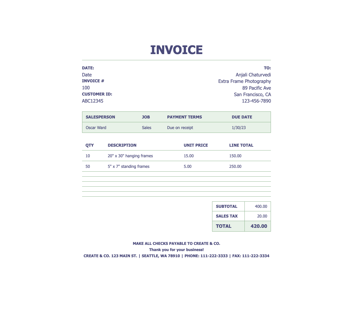 Service invoice simple lines design document - Clean service invoice for photographers and creatives with itemized billing and payment terms.